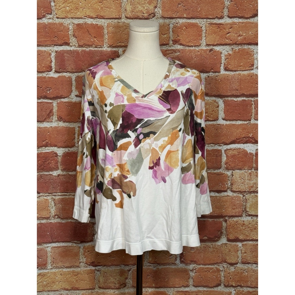 Chicos 3/4 Sleeve Pima Cotton Silhouette Floral Print Top Size 3 (U.S. XL)